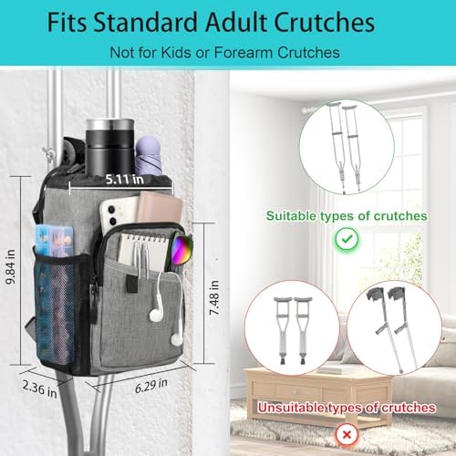 Crutch Accessories Bag Pouch, Water-Resistant Premium Zipper Pouch with Drink Holder, Lightweight Crutches Caddy Storage Tote Crutch Purse for Adults Men, Women