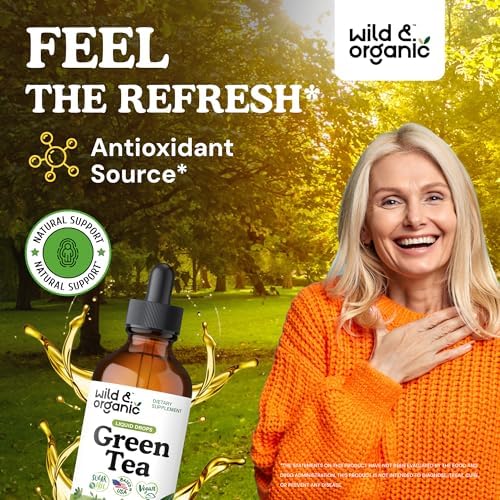Wild & Organic Green Tea Extract Liquid Drops - Antioxidant Support - Pure Green Tea Supplement - 84-Day Supply - Vegan, Sugar & Alcohol-Free Camellia Sinensis Tincture - 4 fl oz