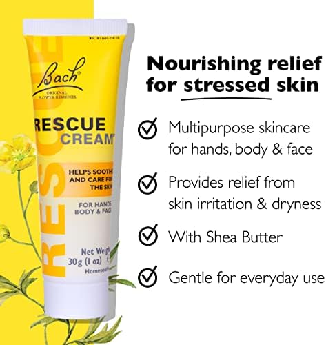 Bach Rescue Cream, Hydrating Skincare for Hands, Body and Face, Shea Butter, Homeopathic Stress Relief Flower Essences, Fragrance-Free, Paraben-Free, 3 Pack, 30g Ea