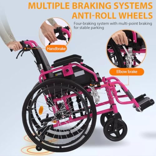 Aluminum Alloy Transport Wheelchair, Ultra-Light Foldable Wheelchair, Portable Self-Propelled Wheelchair, Aluminum Sports Manual Drive Wheelchair, Can Carry 100KG Walker,Pink