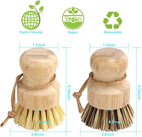 Aisuly Bamboo Dish Brush Set, 2 Pcs Palm Wooden Dish Scrubber Brush, Dish Brushes, Durable Wood Dishes Scrub Brush, Natural Round Vegetable Cleaning Pots Pans Sink Washing Kitchen Brush