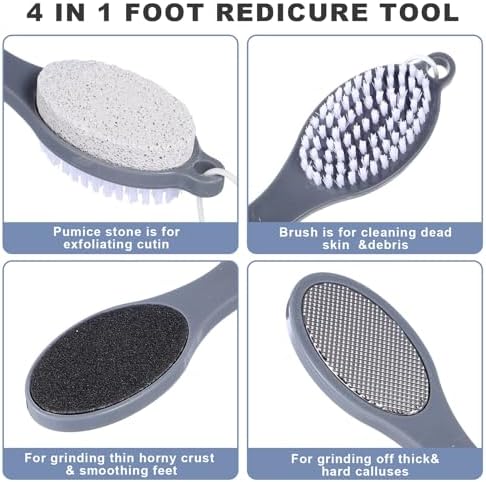 3 Pcs Foot Brush for Shower, 4 in 1 Foot Scrub Brush with Pumice Stone, Feet Rasp and Sandpaper, Exfoliator Tool for Feet Dead Skin Remover (Grey)