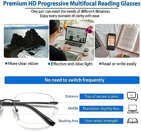 K.LAVER Photochromic Multifocus Progressive Rimless Reading Glasses Men Women Anti Blue Light Transition Multifocal Readers