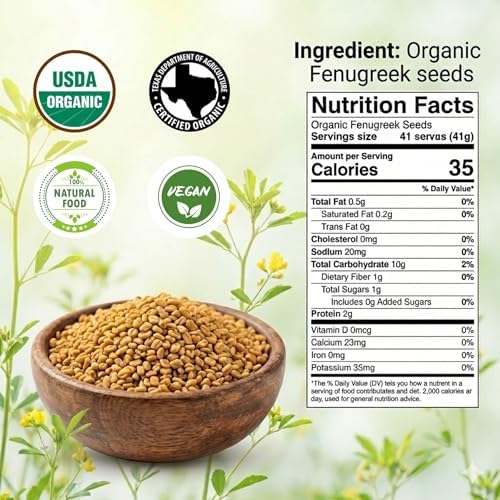 SPICY ORGANIC Fenugreek Seeds 4oz – USDA Certified Organic, Non-GMO, Gluten Free, All-Natural Methi for Cooking, Herbal Tea, Sprouting & Natural Hair Care – Raw Spice for Methi Water – Product of India