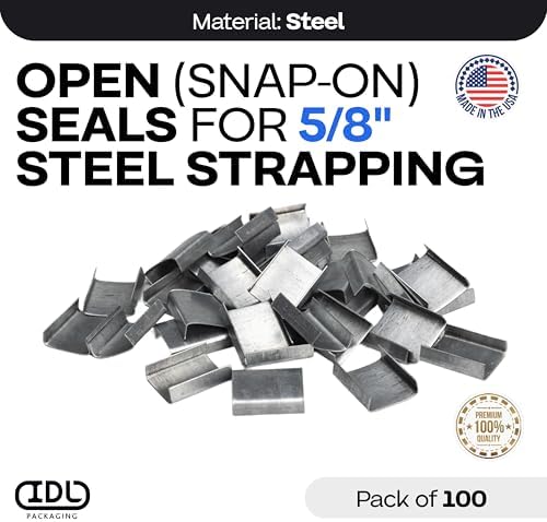 IDL Packaging Open (Snap-On) Seals for 5/8" Strap Width Steel Strapping (Pack of 100) - Superior Holding Power - Sturdy Metal Clips for Securing Heavy Packaging and Pallet Banding