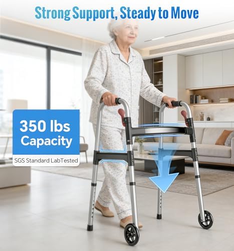 Walkers for Seniors, One-Hand Folding, 8 Height Adjustments, Walkers with Wheels, 2 Skis and 5" Wheels, Lightweight Walker for Seniors, Standard Walkers for Seniors, Aluminum Frame, Frosted Silver