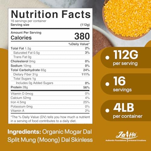 Jai Ho Certified Organic Mogar Dal 4 lb | Split Mung (Moong) Dal Skinless | USDA Organic | Non-GMO | Chemical-Free | Premium Quality Kosher (4 Pound, Moong Mogar Dal (W/O Skin))