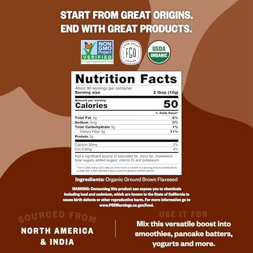 FGO Organic Ground Brown Flaxseed Meal, 2 Pound / 32oz Bulk Powder in Resealable Pouch, Cold Milled for Baking & Smoothies, Grown in USA & Canada (Pack of 1)