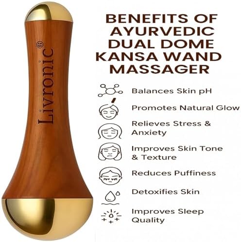 Face Acupoint Kansa Wand Massager with Teak Wood Handle for Detoxification and Deep Relaxation Natural Kansa 2 in 1 Bronze