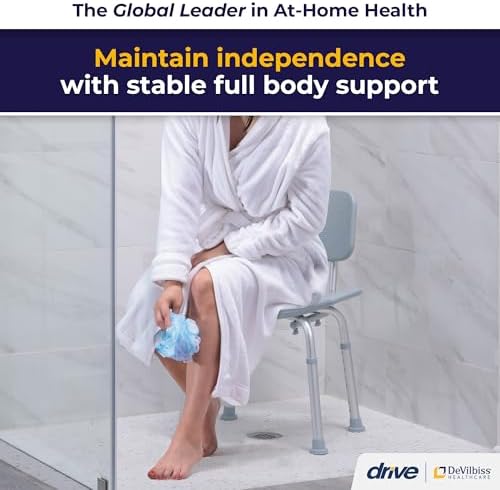 Drive Medical Shower Chair with Back - Adjustable Bathroom Bench - Suction Feet - Lightweight Durable Construction - Comfortable Contoured Seat - Grey