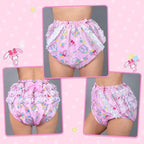LittleForBig Silky Washable Reusable Waterproof Ruffled Lace Bow Usagi Pastel Circus Pattern Ruffle Adult Diaper Cover XL