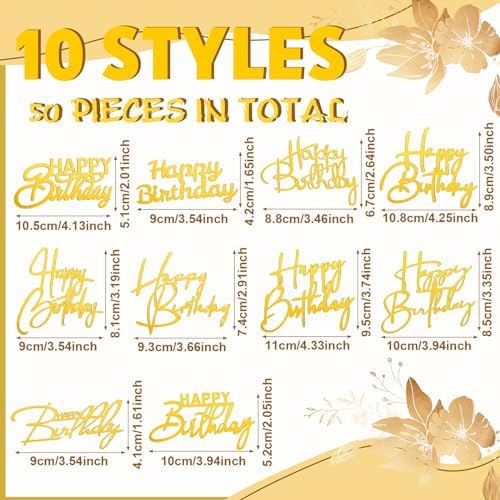 Barydat 50 Pcs Happy Birthday Cake Toppers Bulk Mirror Acrylic Cupcake Topper Cupcake Decorations Happy Birthday Sign for Cake Side Inserts Decor Party Supplies 10 Style(Gold)