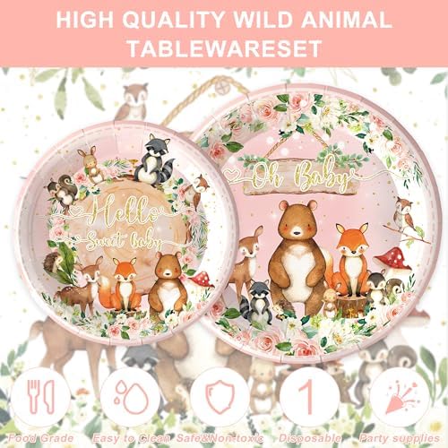 120PCS Woodland Party Supplies for Girls Baby Shower Pink Wild Animal Decorations Plates Napkin Cups Forks Knives Tableware Set for 20 Guests
