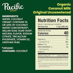 Pacific Foods Organic Unsweetened Coconut Milk, Plant Based Milk, 32 oz Carton (Pack of 6)