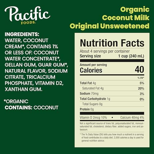 Pacific Foods Organic Unsweetened Coconut Milk, Plant Based Milk, 32 oz Carton (Pack of 2)