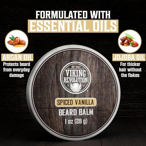 Viking Revolution 4 Beard Balm Variety Pack (1oz Each)- Spiced Vanilla, Sweet Tobacco, Majestic Oud, Citrus - Styles, Strengthens & Softens Beards & Mustaches - Leave in Conditioner Wax for Men