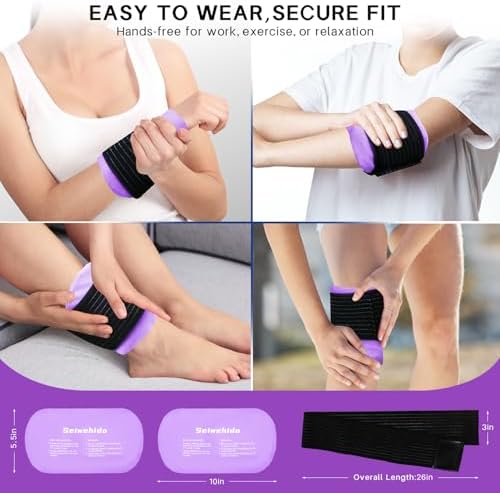 Ice Packs for Injuries Reusable Gel 2 Hot Cold Compress Therapy Pack with Adjustable Strap Soft Ice Wraps for Ankle Knee Leg Neck Shoulder Wrist Feet Back Pain Relief (Purple, Medium 10 x 5.5 Inch)