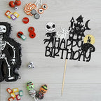 1Pc Halloween Happy Birthday Cake Topper Glitter Jack and Sally Pumpkin Bat Castle Ghost Halloween Cake Pick for Birthday Party Cake Decorations Supplies
