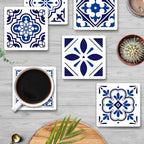 Coasters for Drinks Set of 6, Navy Blue Ceramic Tiles Geometric Pattern Absorbent Square Ceramic Stone Mat, with Cork Base and Metal Holder, Gift for Housewarming Room Bar Decor