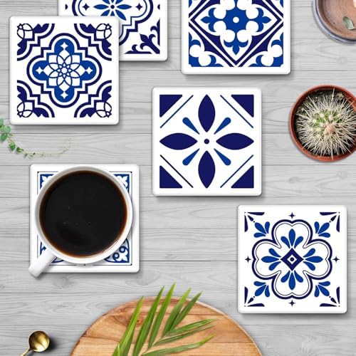 Coasters for Drinks Set of 6, Navy Blue Ceramic Tiles Geometric Pattern Absorbent Square Ceramic Stone Mat, with Cork Base and Metal Holder, Gift for Housewarming Room Bar Decor