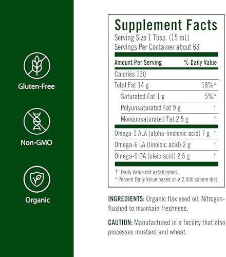 Flora - Flax Oil - Cold-Pressed, Unrefined, Organic Flax Seed Oil - Contains Omega-3 & Omega-6 - Non-GMO & Gluten-Free - Keep Chilled - 32 fl. oz. Amber Glass Bottle