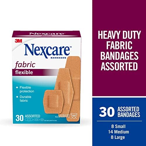 Nexcare Heavy Duty Flexible Fabric Bandages, Assorted Sizes, 30 Count, Latex-Free, Durable Adhesive Bandages for First Aid and Wound Care