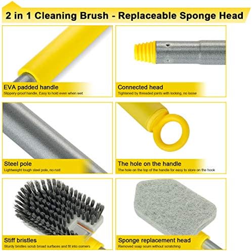 Lalafancy Shower Cleaning Brush with Locking Head, 3 in 1 Tub Tile Scrubber Brush with 50'' Extendable Long Handle Stiff Bristles Scouring Pads Microfiber for Cleaning Bathtub Shower Wall Bathroom