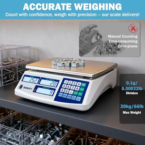 Counting Scale (66lb/30kg, 0.1g) lb/oz/kg/g Industrial Digital Inventory Scale with Battery for Small Parts, Coins, Pieces, Tickets