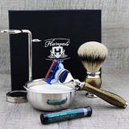 Haryali London 6 Pc Mens Shaving Kit 5 Edge Razor With Silver Tip Badger Hair Shaving Brush, Stand, Soap, Bowl and Alum Perfect Set For Men