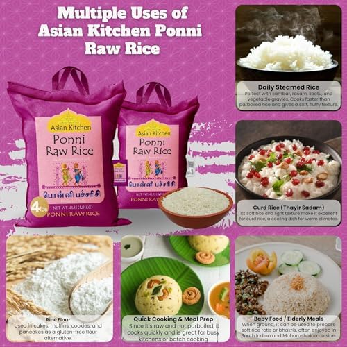 Asian Kitchen Ponni Raw Rice 4-Pound Bag, 4lbs (1.81kg) Short Grain Rice ~ All Natural | Gluten Friendly | Vegan | Indian Origin | Export Quality