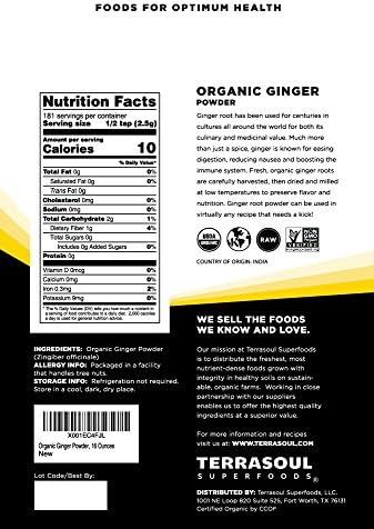 Terrasoul Superfoods Organic Ginger Powder, 1 Lb - Lab-Tested | Raw | Potent Spicy Flavor