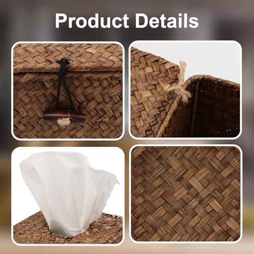 Seagrass Tissue Box Cover,Square Tissue Box with Lid, Woven Tissue Box Holder, Rustic Tissue Holder for Bathroom Vanity Toilet Living Room Bedroom Kitchen Office Car, Coffee