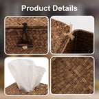 Seagrass Tissue Box Cover,Square Tissue Box with Lid, Woven Tissue Box Holder, Rustic Tissue Holder for Bathroom Vanity Toilet Living Room Bedroom Kitchen Office Car, Coffee