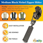 FixNZip Medium Black Nickel Zipper Repair Kit | Universal No-Sew Slider Replacement for Jackets, Sleeping Bags, Tents, and Duffel Bags | Instant and Reusable Zipper Repair Tool | Sizes 5-7