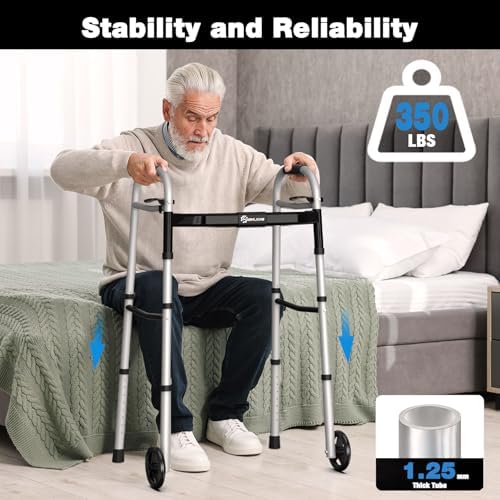 Whlicks Folding Walkers for Seniors,Aluminum Lightweight Walkers with Wheels, Adjustable Width and Height Front Wheel Walker for Elderly and Disabled, Supports up to 350 lbs