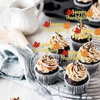 24 PCS Happy Thanksgiving Cupcake Toppers with Glitter Maple Leaf Pumpkin Fall Theme Cupcake Picks for Thanksgiving Day Theme Birthday Party Cake Decorations