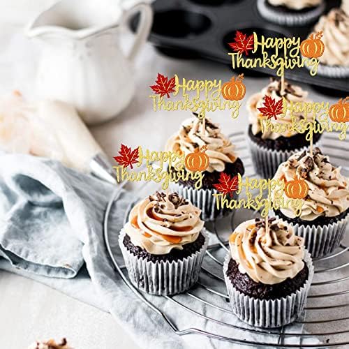 24 PCS Happy Thanksgiving Cupcake Toppers with Glitter Maple Leaf Pumpkin Fall Theme Cupcake Picks for Thanksgiving Day Theme Birthday Party Cake Decorations