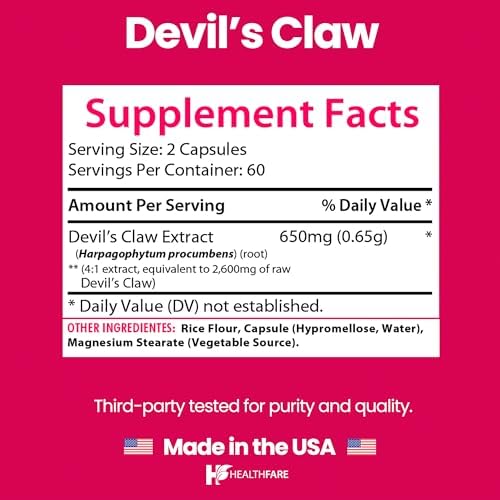 Healthfare Devils Claw Root | 2600mg Herbal Supplement | 120 Vegan Capsules | Concentrated Root Extract for Joint Support | Non-GMO, Gluten-Free | Made in USA