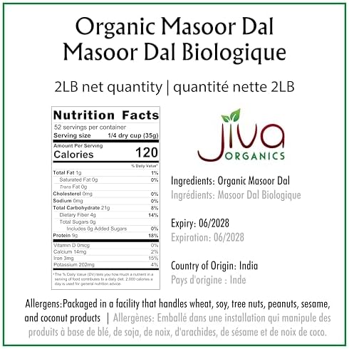 Jiva Organics Organic Masoor Dal 2 Pound Bag (Split Red Lentils) - Non-GMO, Pure & Natural