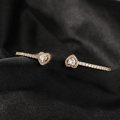 Womens Cute Love Heart Open Cuff Bangle Bracelet 18K Gold Silver Plated Cubic Zirconia Bangle Bracelet, Heart Cuff Bracelet Hip Hop Jewelry Gift for Women