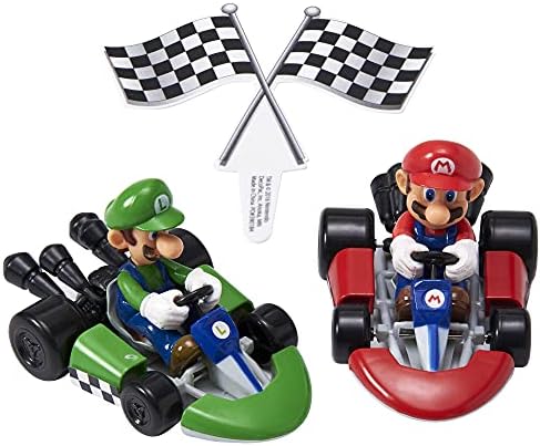 DecoSet® Mario Kart™ Cake Topper, 3 Piece Cake Decoration with Race Kart Toppers & Checkered Flag Decoration, Collectible Character Karts for Hours of Fun After the Party