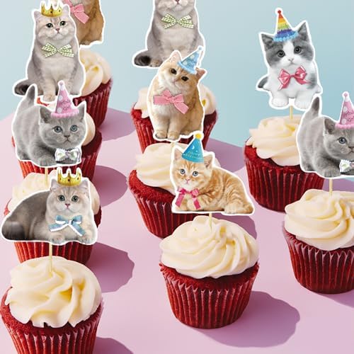 24Pcs Cat Cupcake Toppers Cats Face Cake Toppers Kitten Pet Theme Decorations Suitable For Cat Themed Birthday Parties Or Baby Showers Party Decorations