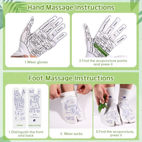 Threlaco 16 Pcs Reflexology Socks and Gloves with Tools Foot Reflexology Socks with Acupressure Gloves & 8 Pcs Massage Point Tools Foot Relief Acupressure Massager Set for Women and Men(Green)