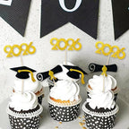 2026 Graduation Cupcake Toppers 48 Pack, Pre-Assembled Food & Appetizer Picks, Black Gold Grad Cap & Diploma Cupcake Decorations for Graduation Party