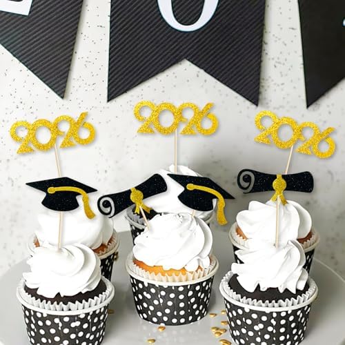 Graduation Cupcake Toppers 48 PCS – Pre-Assembled Class of 2026 Cupcake Picks, Black Gold Grad Cap Cake Decorations for Graduation Party Supplies