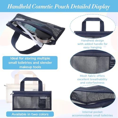 2 PCS Toothbrush Pouch, Mini Travel Toiletry Bags Portable Mesh Zipper Makeup Bag Travel Toothbrush Bag Square Mesh Storage Bags with Zipper for Men and Women (Beige, Blue)