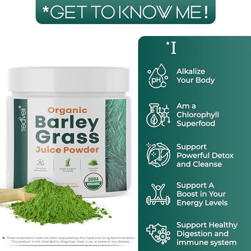 Teaveli Organic Barley Grass Juice Powder– Raw, Utah Grown Barley Grass Juice Extract for Detox- Complements Wheatgrass Juice- Made in USA Without Gluten, Additives or Preservatives- 8 oz (226 Grams)