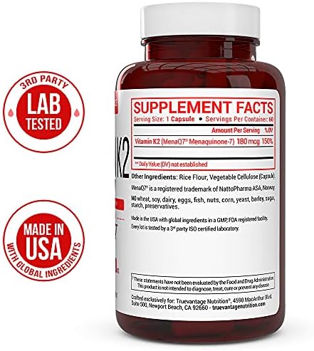 Vitamin k2 MK-7 Supplement 180mcg -Vitamin K2 Supports Bone & Heart Health for Cardiovascular Calcium Absorption from Arteries- 60 Easy to Swallow Vegetable caps of MenaQ7 K2 MK7