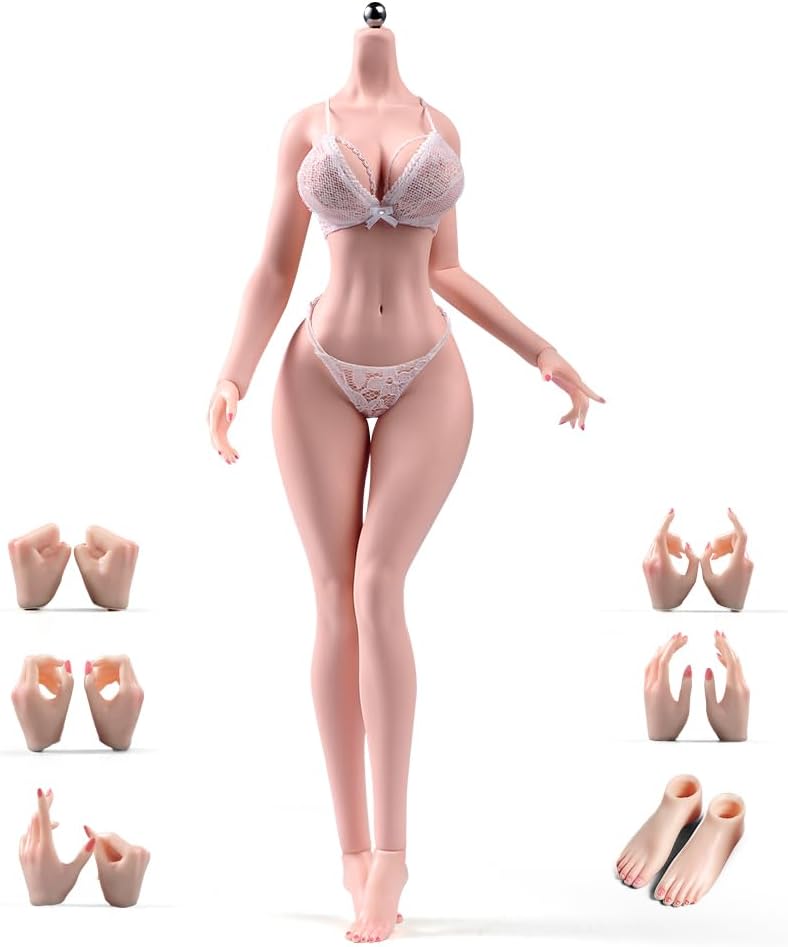 1/6 Scale Female Body 12inch Super Flexible Pale Skin Plump Makeup Body with Detachable Feet Stainless Steel Skeleton Miniature Soldier Action Figure Model Doll