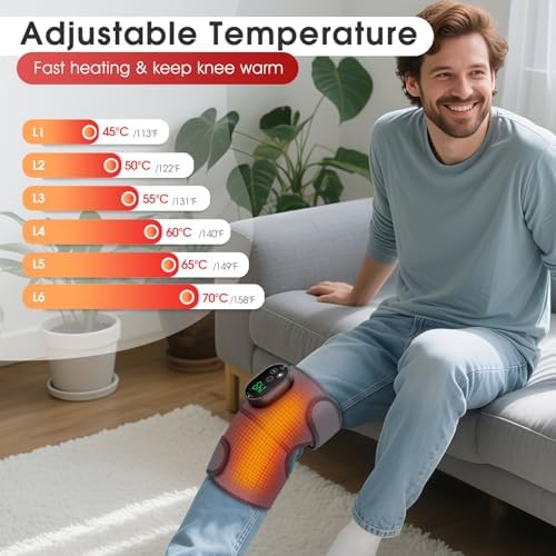 Cordless Heated Knee Massager with Vibration, FSA Eligible HSA Heated Knee Brace Wrap Heating Shoulder Brace for Knee Shoulder Elbow, Heating Pad with 6 Heating Levels, 3 Massage Modes & Timer (Grey)